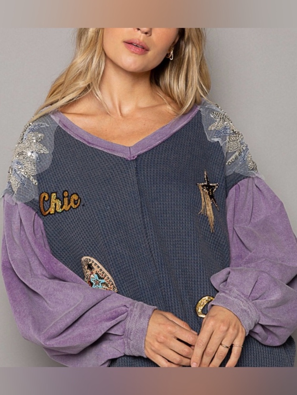 POL Charcoal and Lavender Embellished V-Neck Sweater